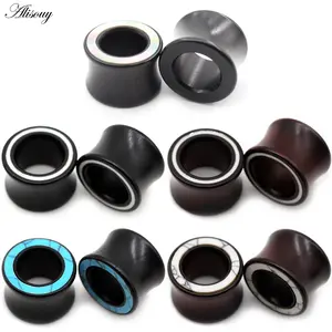 Alisouy 2pcs Wood Inlay White Line Blue Stone Ear Plug Tunnel Earring Guages Stretcher Expander Extender Piercing Body Jewelry