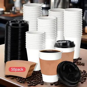 50 Pack 12oz Thickened Disposable Paper Coffee Cups with Lids & Sleeves - Polyethylene Coated, Hand Wash Only, Perfect for Hot & Cold Beverages, Tea, Hot Chocolate - Ideal for Christmas, Halloween, Easter, Hanukkah, Thanksgiving, Coffee Bar Accessories