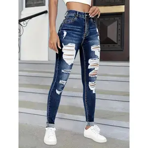 Women's High-Waisted Ripped Skinny Jeans - Stretch Denim, Distressed Blue, Casual Street Style, Slim Fit, Mid-Rise, All-Season Wear, Allseason Jeans|Skinny Fit Jeans|Viscose Blend, Low Rise Jeans