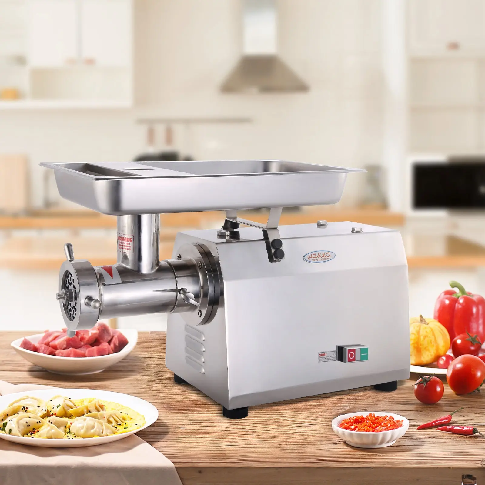 Hakka Commercial Electric Meat Grinder, 1500W Stainless Steel Meat Mincer Machine with Aluminum Auger & Cooling Fan, Heavy Duty Grinder for Restaurant, Butcher Shop & Food Processing, Kitchen Tool