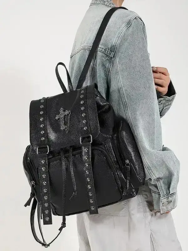 Cross Rivet Backpack, Punk Retro Backpack, Trendy Fashionable Travel Bag, Versatile Multi-Color Optional Street Fashion Bag, Niche Versatile Casual Backpack Suitable For Daily Commuting, Student Party Classes Streetwear