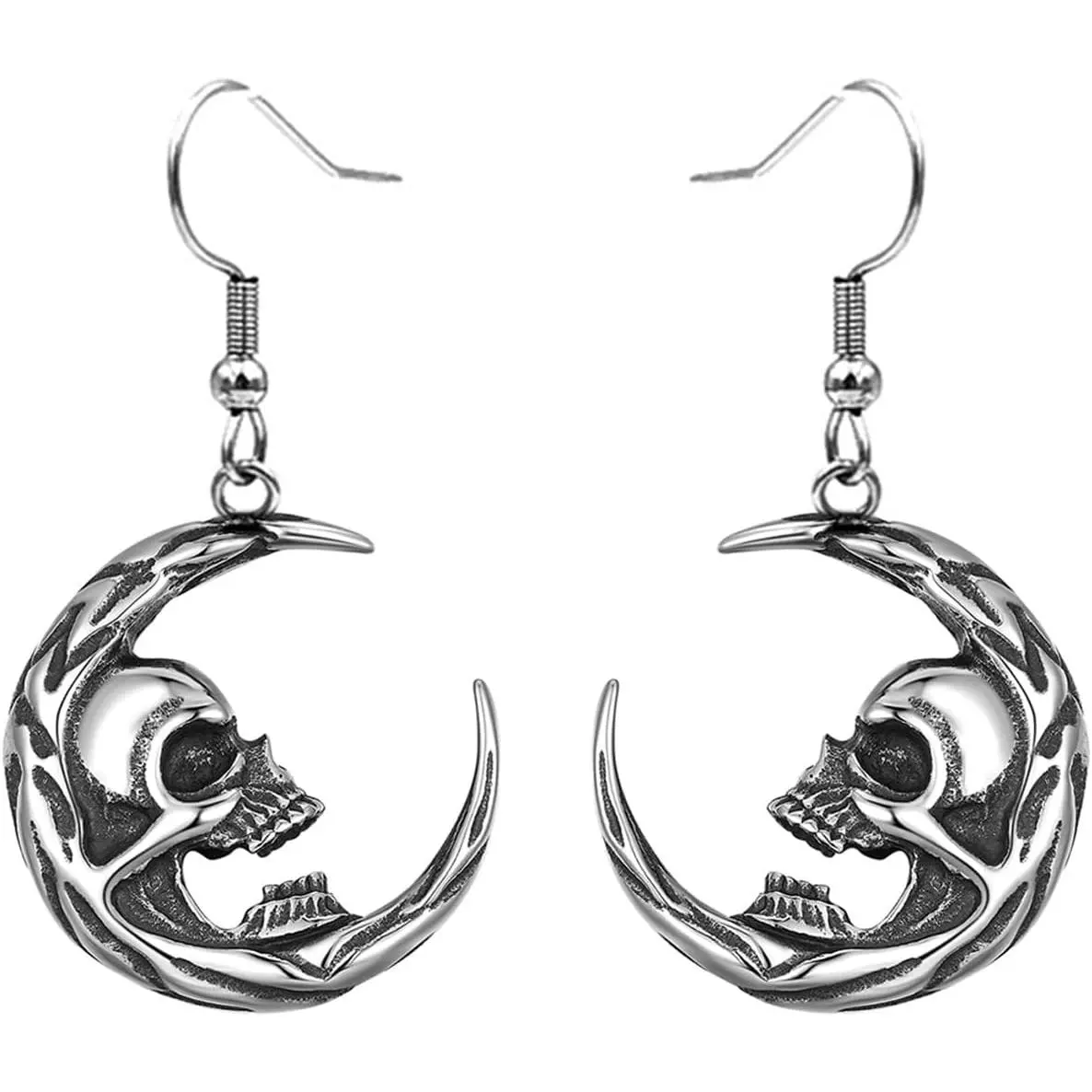 Gothic Skull Moon Dangle Earrings - Synthetic Punk Style for Female, Male, Eboy - Crescent Skeleton Drop Earrings for Halloween Party Costume
