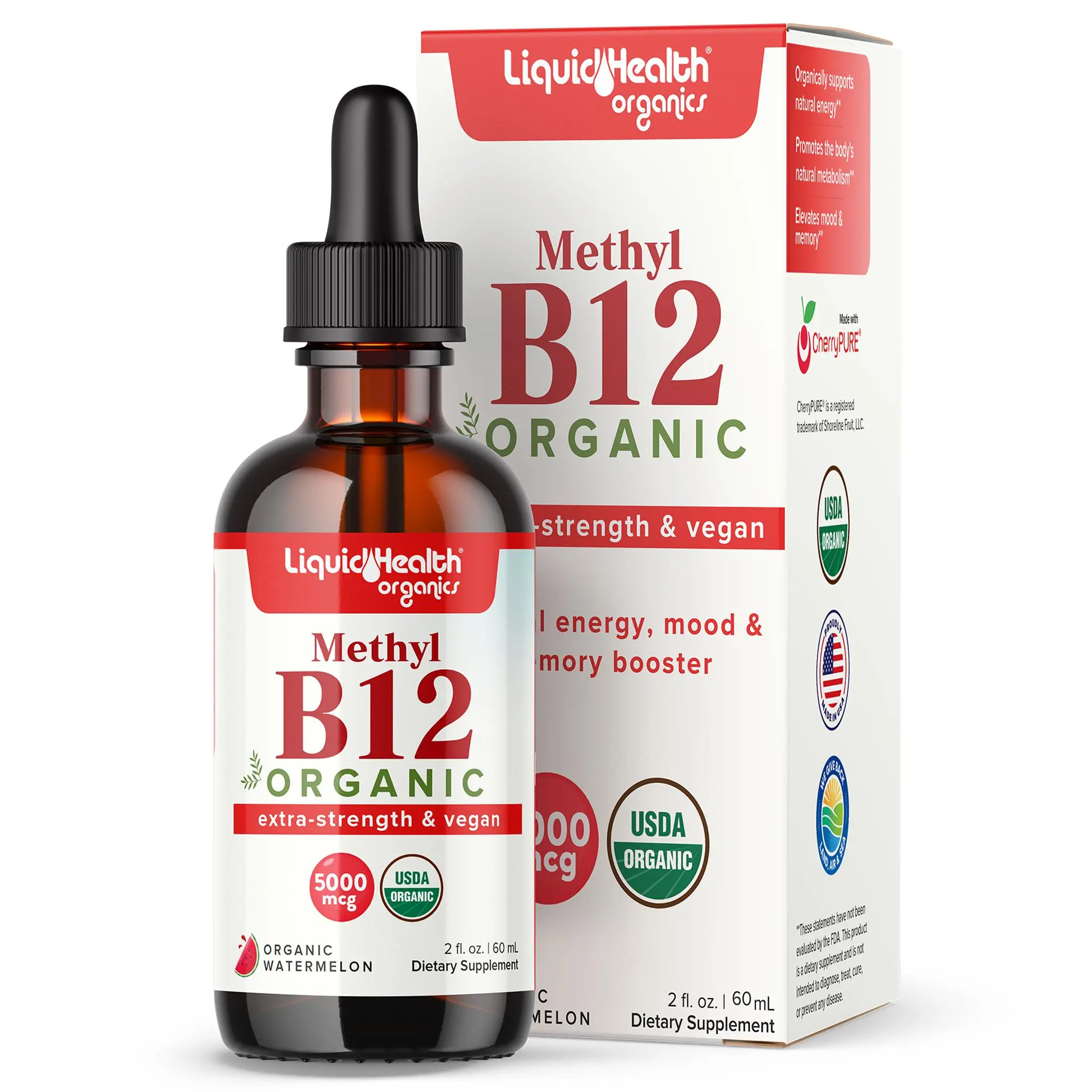 Organic Methylcobalamin Vitamin B12 Liquid Drops 5000 mcg | Vegan Sublingual B12 Supplement | USDA Organic, Non-GMO | Daily Wellness Support | 2 fl oz (60 mL)