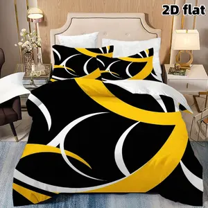 2D Flat 3Pcs Modern Abstract Black Yellow White Swirls Bedding - Soft Microfiber Duvet Cover with 2 Pillowcases (No Filling) for Bedroom, Guest Room, Dorm Decor, Aesthetic Gift.