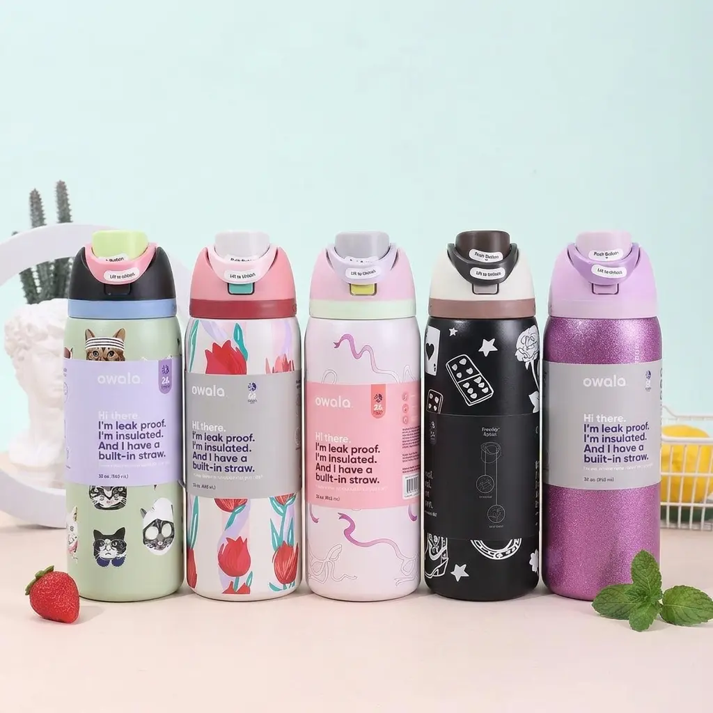 Owala FreeSip Insulated Stainless Steel Water Bottle with Straw, Lightweight and Portable, Perfect for Students, Office Workers, and Outdoor Activities, Cat Collage, So Eggstra, Pink Bow Limited Edition Themes
