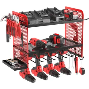 Power Tool Organizer Wall Mount Heavy Duty, 3 Tier 4 Drill Holder 17 Inch, Tool Holder and Storage Rack  Garage Organization (Red)