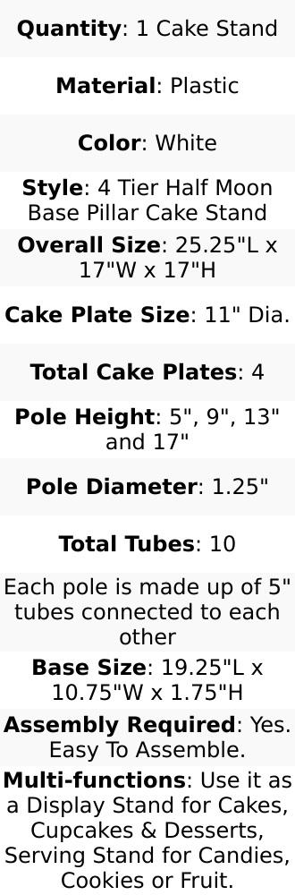 4-Tier Plastic Cake Stand with Half Moon Base White for Weddings Tea Parties & Home Gatherings 17"