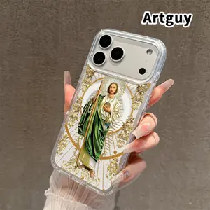 Magnetic Soft Phone Case for iPhone 17 16  Pro Max Plus 15 14 13 12 11 Air E Saintly Radiant Guardian Pattern Anti-Yellowing Shockproof ultra-thin Silicone Crystal Transparent Acrylic Large Hole Cover Supports Wireless Charging