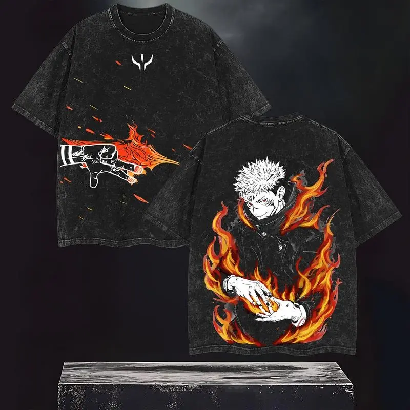 Vintage Oversized Jujutsu Kaisen T-Shirt for Men, Sukuna vs Itadori Anime Graphic, Distressed Wash Cotton Short Sleeve Tee, S, Graphic Print, Figure