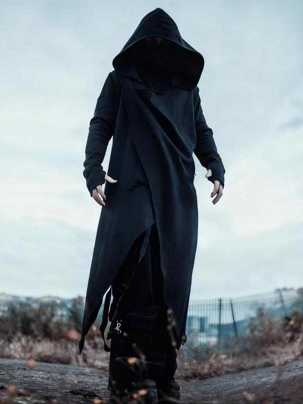 Men's Black Hooded Cyberpunk Maxi Coat – Asymmetric Design, Stylish Outerwear for Street Fashion & Cosplay