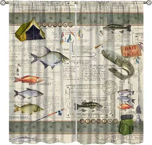 Retro Farmhouse Fishing Curtains for Kitchen, Rustic Cabin Fish Country Vintage Decor Window Treatments, Rod Pocket Blackout Drapes for Fishing Man Boys Room Angler, 42x45in