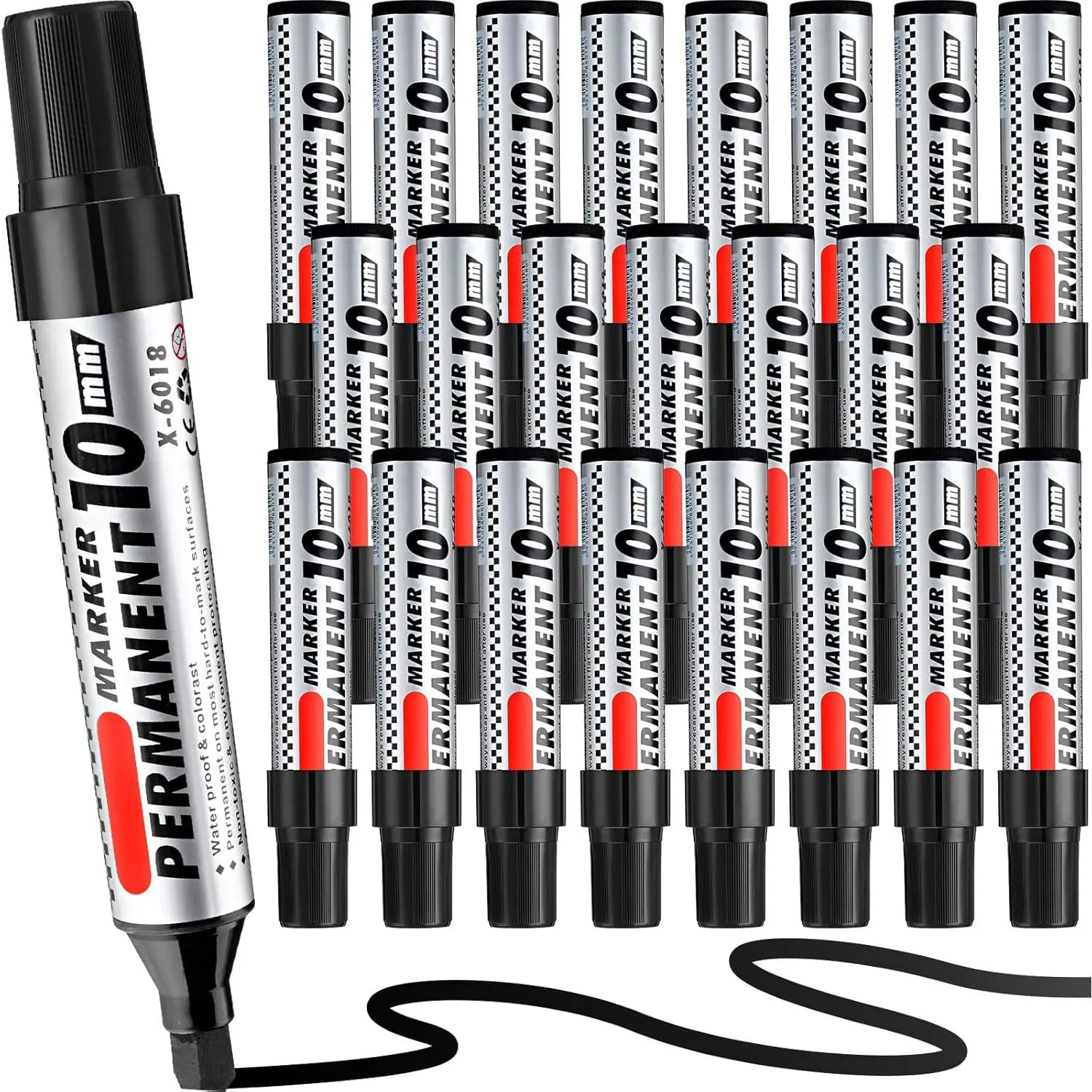 24-Pack Black Ink Permanent Markers Bulk Set, Chisel Tip Pens for Industrial Use, Works on Metal, Plastic, Stone, Glass