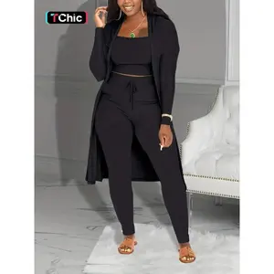 Three-Piece Set? Ribbed Solid Square-Neck Crop Top + Drawstring-Waist Pants + Open-Front Outerwear Set — an elegant, cozy three-piece co-ord set for daily wear; ladies’ gift set