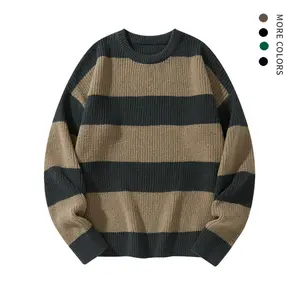 Men's striped knitted sweater with round neck as the base, fashionable men's striped warm sweater with intermediate colors, suitable for daily outdoor wear on holidays, men's autumn and winter top, comfortable and loose long sleeved top, men and women Out