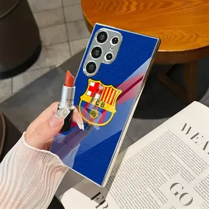 Famous Team B-Barcelona Phone Case Electroplated Metal Frame Case for Samsung Galaxy S25 S24 S23 Ultra, Mirror Tempered Glass Back Cover, Shockproof Anti Scratch Slim Protective Case with Matte Finish and Camera Protection, Accessories