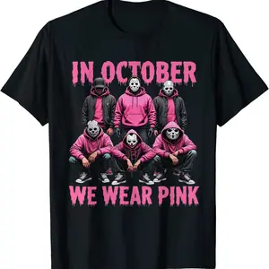 Black T-Shirt with Pink In October We Wear Pink Halloween Horror Characters Print - Breast Cancer Awareness Costume Tee for Men Women, Perfect for October Events and Charity Campaigns