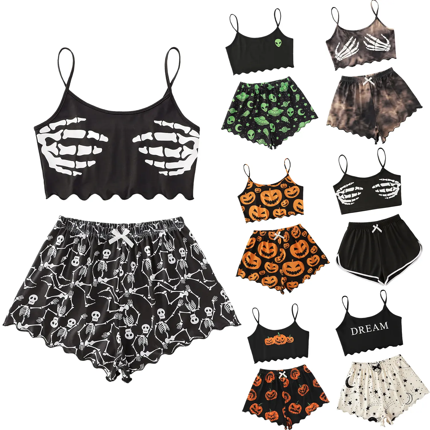 Women's 2-Piece Pajama Set - Spooky Skull Graphic Racerback Cami with Lettuce Trim and Polyester Drawstring Shorts, Holiday Lounge Wear, Lightweight, Elastic, Nightgowns, Racerback Tank, Breathable Fabric, Halloween, Lingerie, Cute, Lady