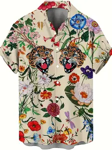Printed Floral Short Sleeve Shirt, Men's Hawaiian Casual Summer T-Shirt