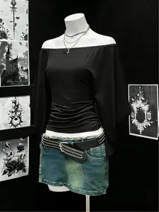 Elegant High-End One Shoulder Butterfly Sleeve Ruched Loose T-Shirt, Stylish Women's Top for Casual Wear, Perfect for Spring and Fall, Solid