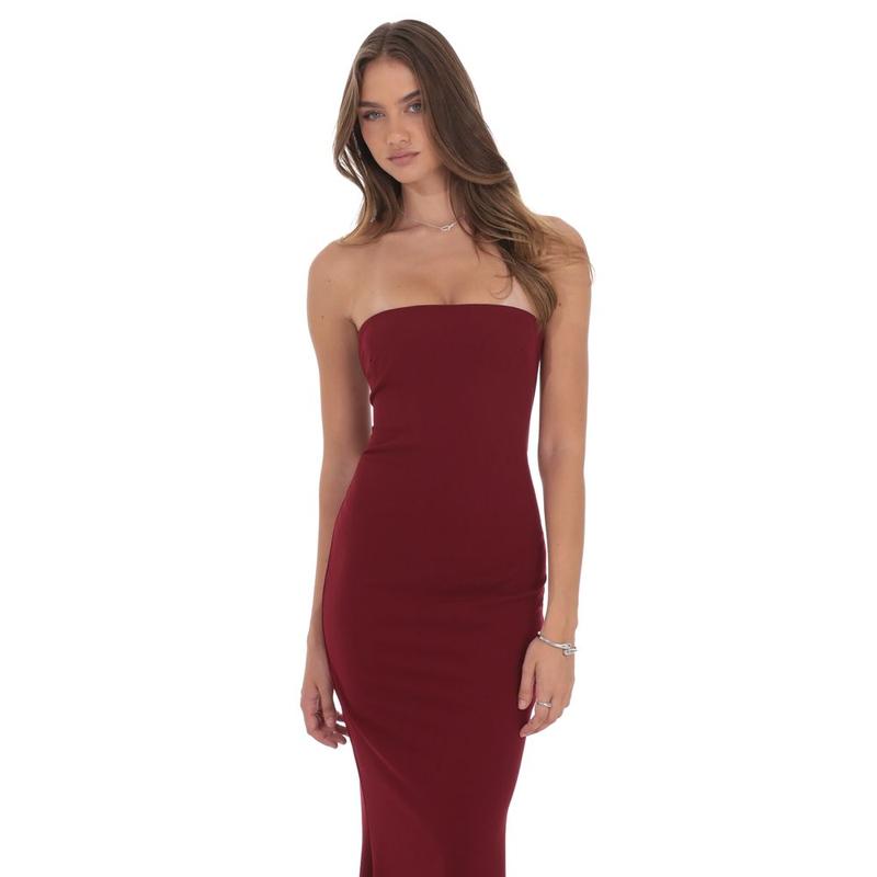 Back Bow Strapless Maxi Dress in Burgundy