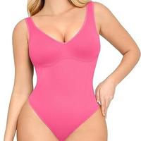 Pink-Deep V-Wide Strap-Thong Shapewear