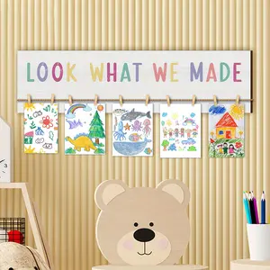 Wooden Hanging Art Display, Art Display Look What I Made Wooden Sign with Clips, Photo Display for Wall, Hanging Board for Displaying Wall Decor, Hangable, Hanging Room Decor, Art Wall Decoration