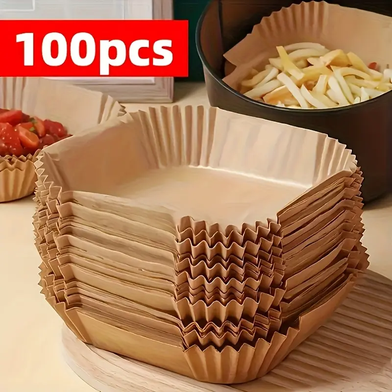 100-Count Square Non-Stick Disposable Air Fryer Paper Pads, Eco-Friendly Biodegradable Baking Utensils for Baking, Roasting (Home Use)