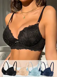 Women'S Elegant Floral Lace Bras Sexy Push Up Underwear Set Comfortable Adjustable Straps Breathable Scalloped Edge Bralettes