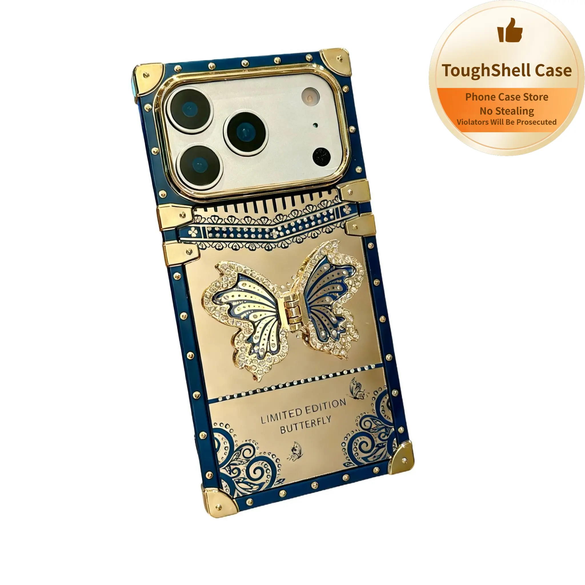 Aesthetic Nordic Apricot Vintage Square Light Luxury TPU Smartphone Shell for iPhone 17 Pro Max/16 Pro Max, Shockproof Case with Electroplated Gold Butterfly Rhinestone Embellishments and Anti-Drop Square Bracket Accessory