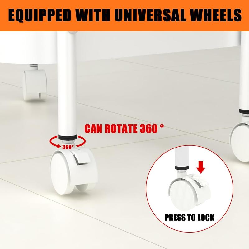 3-Tier Rolling Metal Utility Cart with 6 Hooks and Handle, Storage Cart on Wheels for Classroom, Office, Dorm, and Home – White/Pink