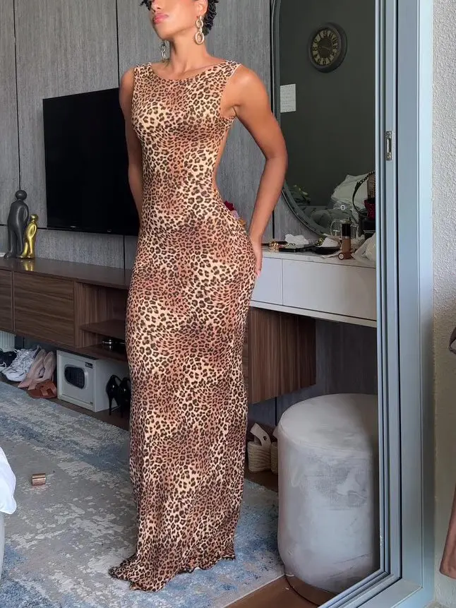 Women's Sleeveless Backless Luxe Leopard Print Maxi Formal Dress, Elastic  Polyester Fabric for Perfect Fit - TikTok Shop