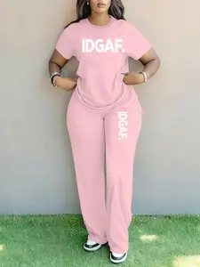 Women's Spring Summer Plus Size Fashion Letter Print Round Neck Short Sleeve T-Shirt & Wide Leg Pants Two-Piece Set