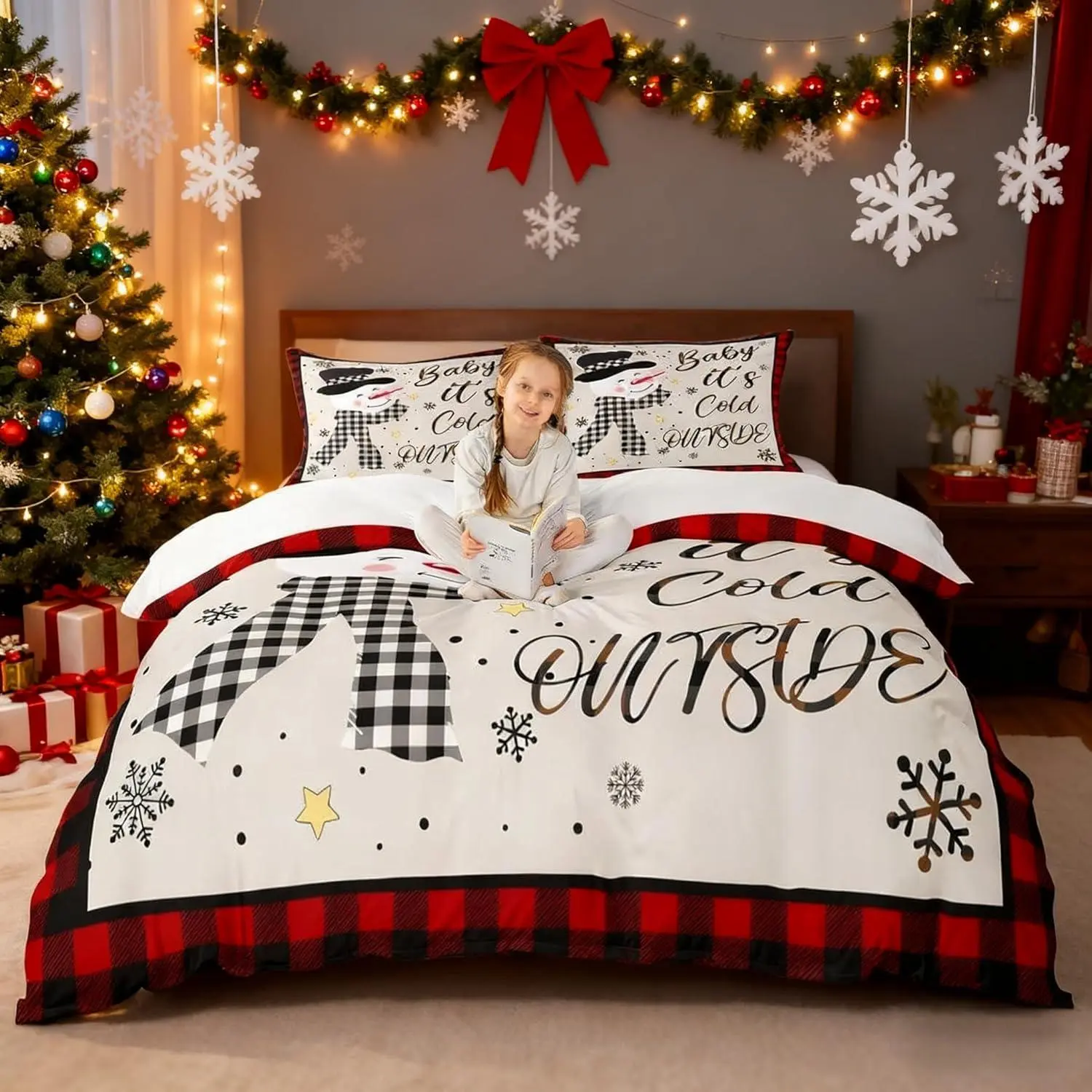 Feelyou Rustic Soft Kids Christmas Snowman Duvet Cover Set with Pillows, Multi-Size Sets (King, Queen), Breathable Polyester Fiber Bedding, Machine-Washable, Snowflake-Geometric Grid Lattice Print, Red Duvetcovers, All-Seasons Decor