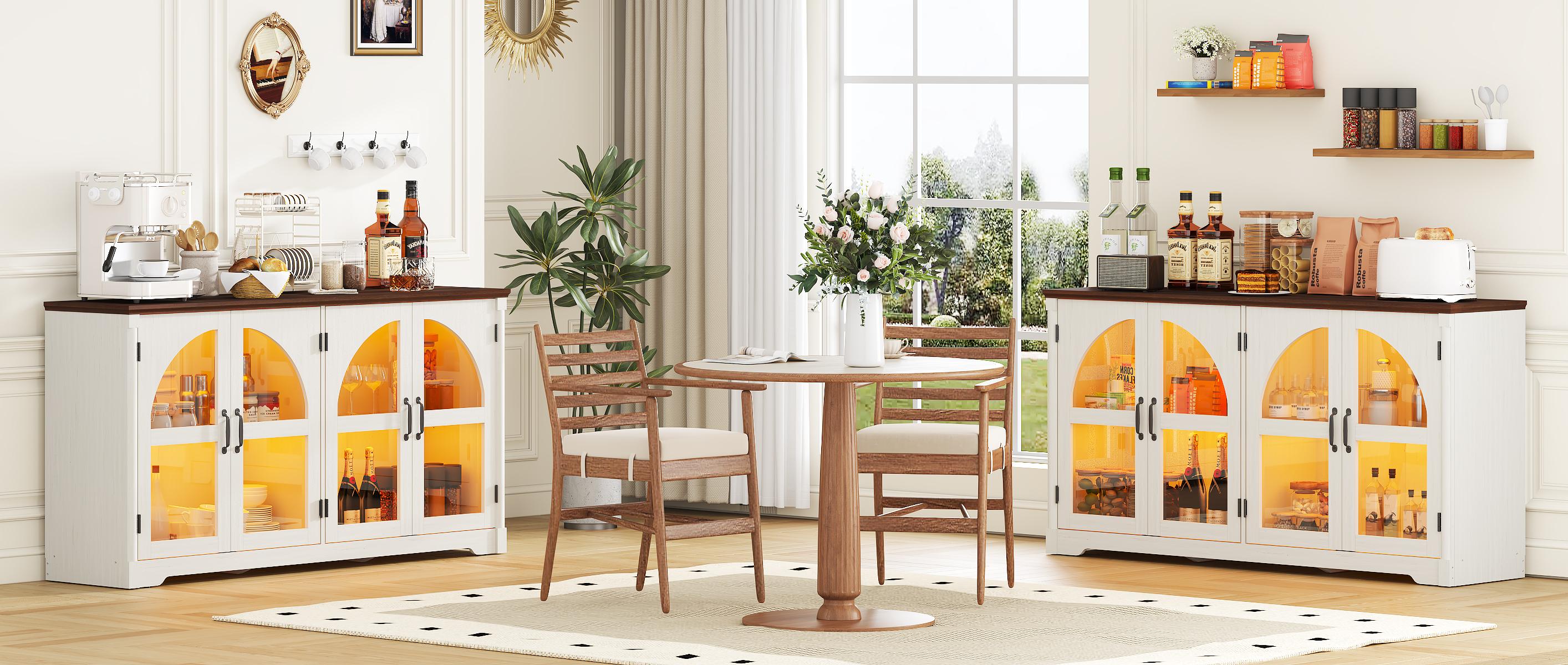 63" Modern Arched Sideboard Buffet Cabinet with LED Lights & Glass Doors, Large Storage Cabinet with Adjustable Shelves for Living Room & Kitchen