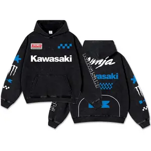 Blue Monster Ninja Racing Sport Racing Retro Acid Washed Hoodie Motor World Champion Enthusiast Apparel Streetwear Racing Team Super Motorsports Clothing Motobike Riders Supermotor Off-Road Dirt Bike Fan Gear Cotton For Motor Fan