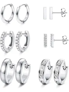 6 Pairs Hoop Huggie Earrings for Women Minimalist Cuff Mini Bar Stud Earrings Gold Silver Cubic Zirconia Small Ear Piercing Set Hoop Earring Sets