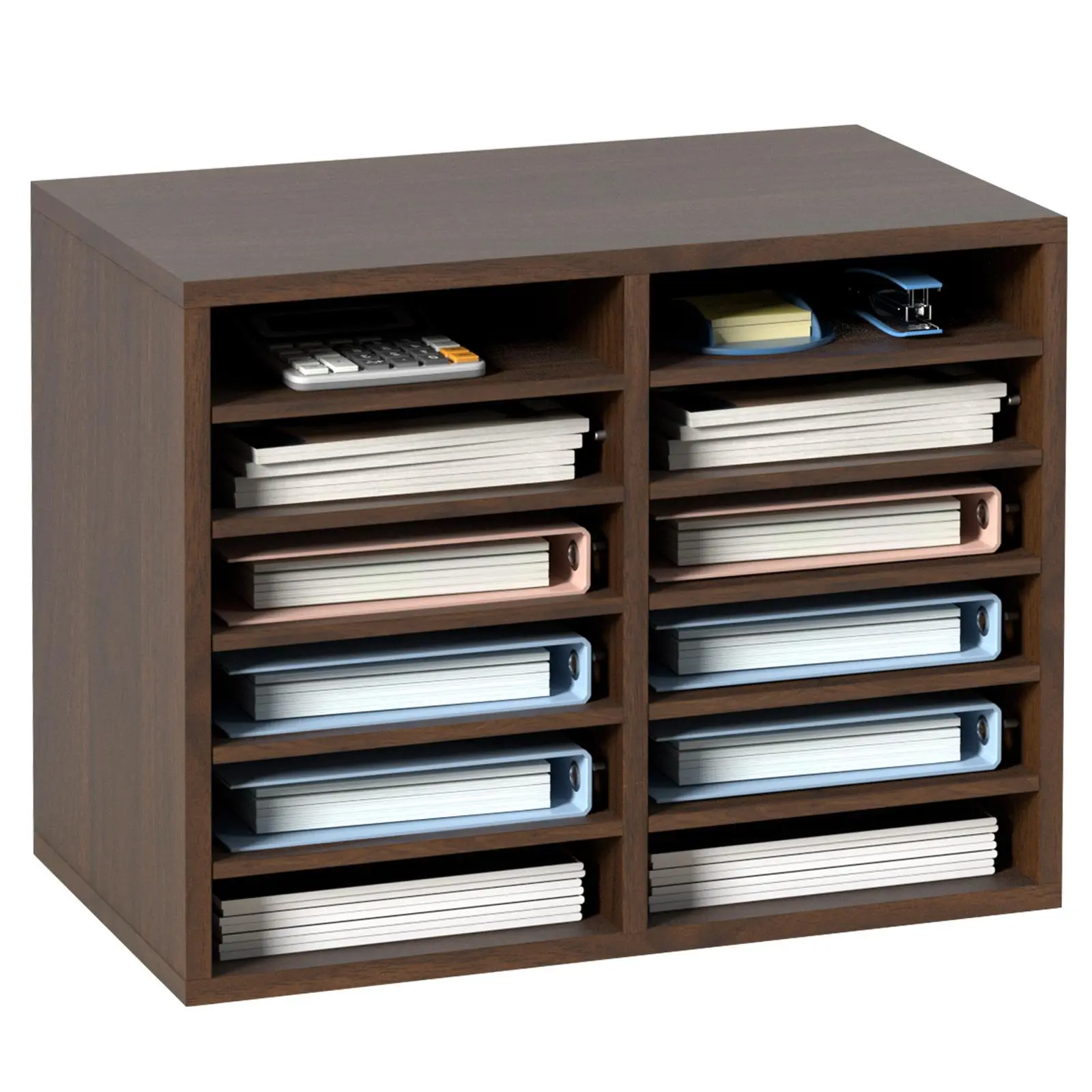VEVOR 12-Compartment EPA-Certified Brown Wood Office Desk Accessories Organizer, Sturdy Vertical Storage File Rack with Adjustable Shelves, 20.4x12x16.1in Holder for Books, Magazines in Office, Vertical Storage Organizer File Racks, With Compartments File