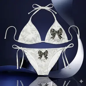 Coquette Bow String Bikini Set White Camo Print, Cute Triangle Swimwear for Summer Vacation Outfit