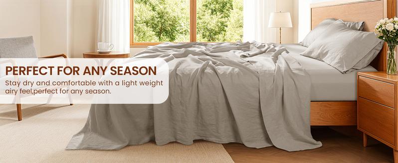 Shilucheng Linen Cotton  4 Piece Bed Sheet Set Rustic Farmhouse Style Soft Cotton Comfort Breathable Linen Texture Cooling for Hot Sleepers