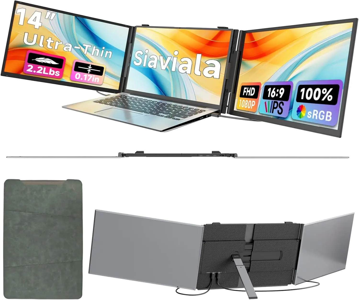 Siaviala Laptop Screen Extender 0.17" Ultra-Thin Ultra-Slim , 14" 1080P FHD IPS Portable Monitor, Triple Screen Laptop Monitor Extender for 13"-17" Laptops, Plug & Play for Mac/Android/Chrome computer accessory