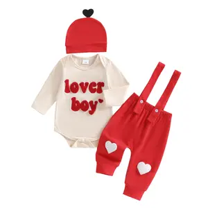 Cute Baby Boy Valentines Day Outfit Heart Embroidered Letter Long Sleeve Romper Suspender Pants Hat 3 Piece Set Clothes