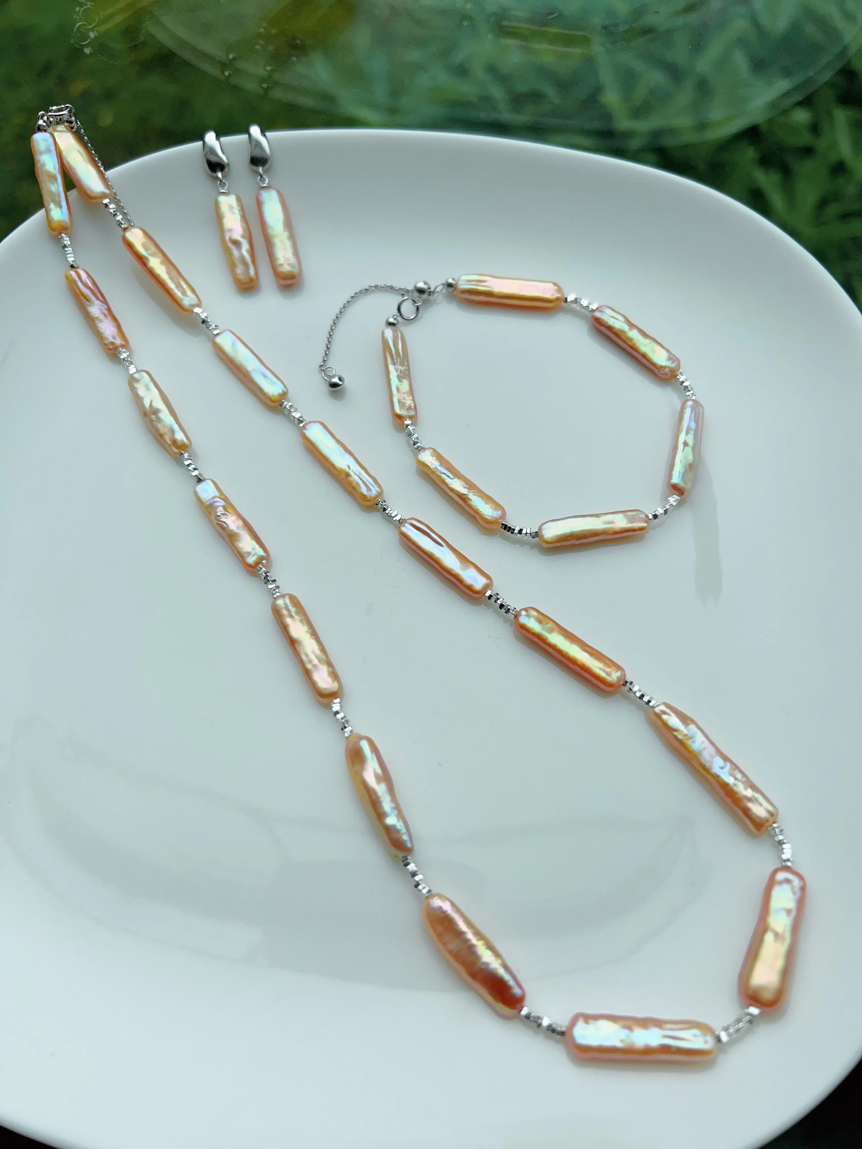 Piswency Stick Baroque Freshwater Pearl Necklace and Bracelet Set, 925 Sterling Silver Spacer Jewelry Gift for Her