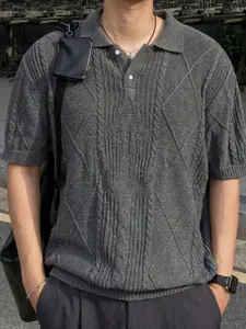 Men's Casual Loose-Fit Polo Neck Short Sleeve T-Shirt, Colorblock Pattern, Gingham, Spring Summer Fashion, High-End Style, Knitted Top