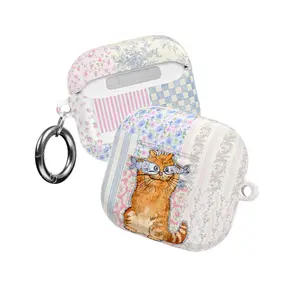 Vintage Patchwork Cat AirPods Case with Keychain, Cute Retro Floral Pattern Design Cover, Aesthetic Cottagecore Style Kitty & Fish Art, Case for AirPods Pro/Pro 2, AirPods 1/2/3/4 – Kawaii Kitten Gift