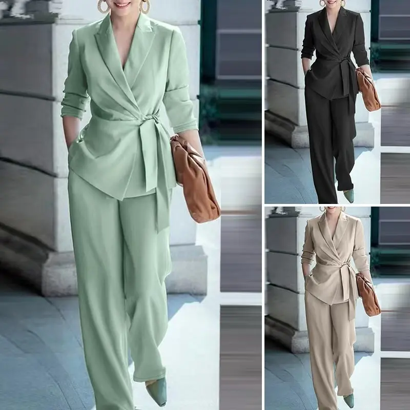 Women's 2-Piece Polyester Fabric Suit - Smooth Chic Tie Waist Blazer, Long Sleeve Solid Color Wide Leg Pants Workwear for Fall Office, Dinner Chic Elegant Womenswear Basic Black Fabric Feminine Polyester
