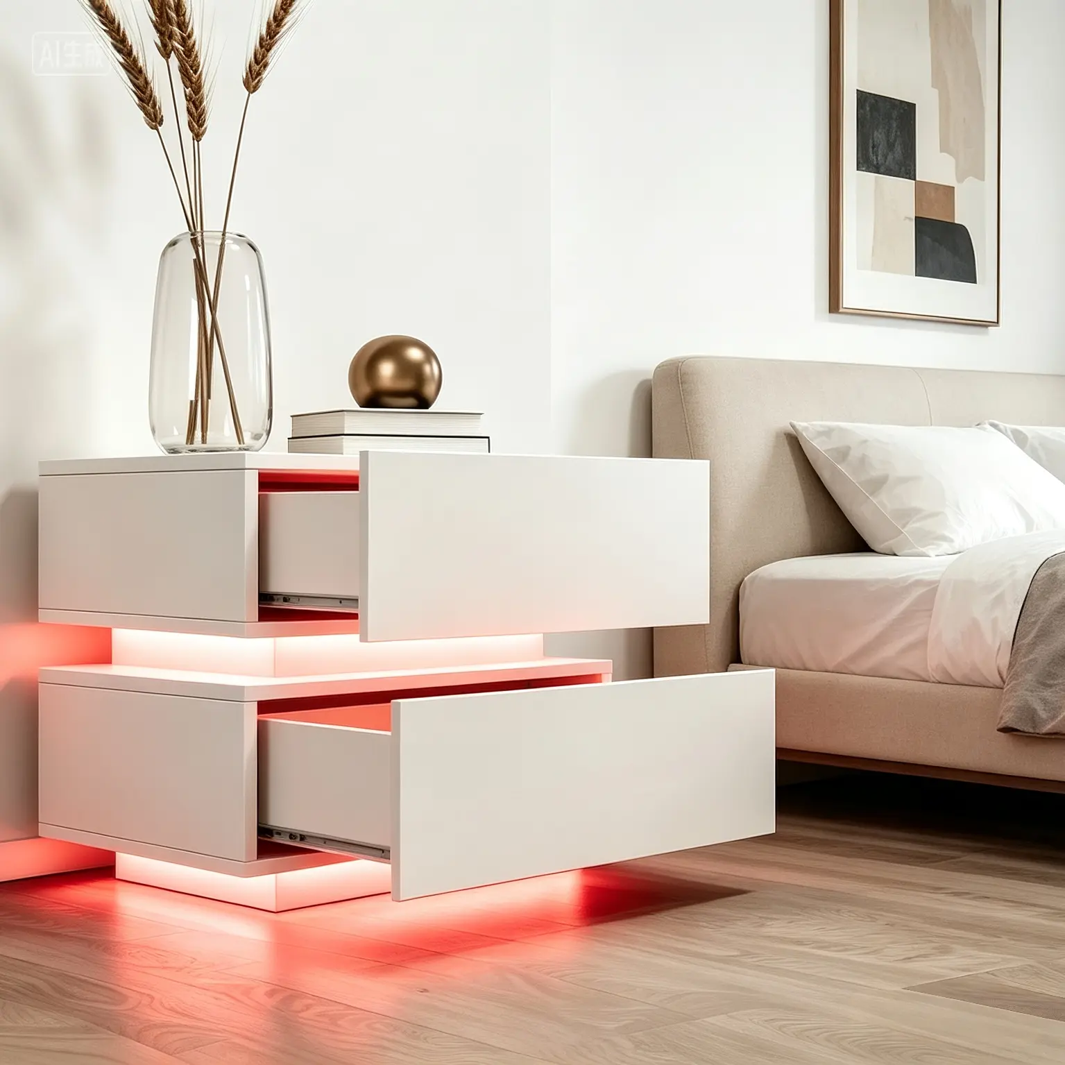 White High Glossy 2-Drawer Sturdy Side Table - Customizable Coquettecore Indoor Furniture with Multi-Color Bluetooth-Controlled RGB Lights for Bedroom, Living Room, Side Tables, Two Drawers