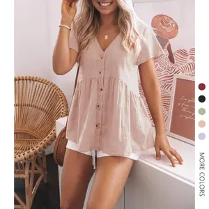 Women's Babydoll Peplum Shirt Top, Casual V-Neck Blouse with Ruffled Hem, Short Sleeve Button-Down for Springfashion