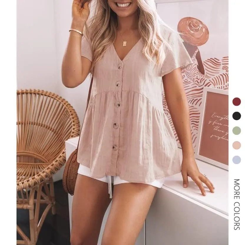 Women's Basic Cute Babydoll Peplum Blouse - Casual V-Neck Short Sleeves Ruffled Hem - Spring Fashion Top for Date, Outdoors - Pairs with Jeans