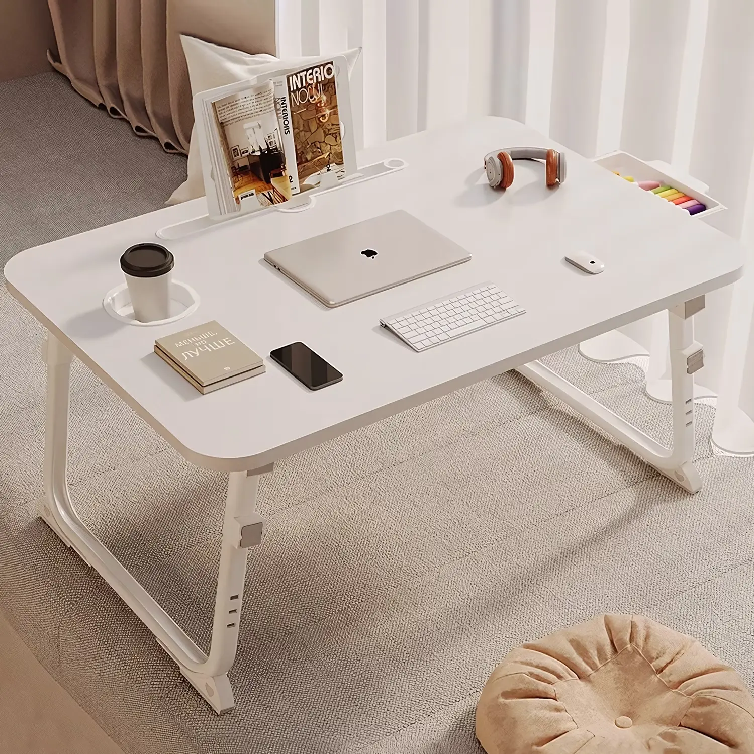 Folding Laptop Bed Desk Height Adjustable Portable Lap Table with Drawer Cup Holder and Tablet Slot for Bed Sofa Couch White 23.6 Inch