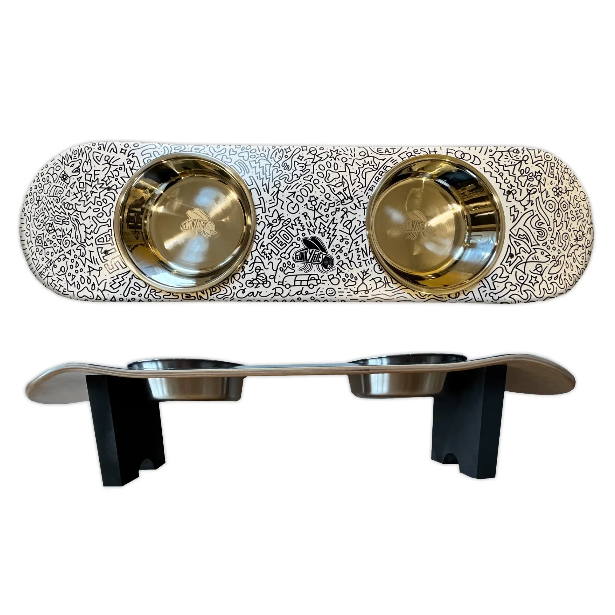 Doodles Dog SkateBowls - Elevated Anti-Vomiting Pet Feeding Station - Dog Bowl with Hand-Drawn Art, Sturdy Skateboard Base, Removable Stainless Steel Bowls, Easy to Clean, 6 Inch Height, Perfect for Mealtime - perfect gifts for pet